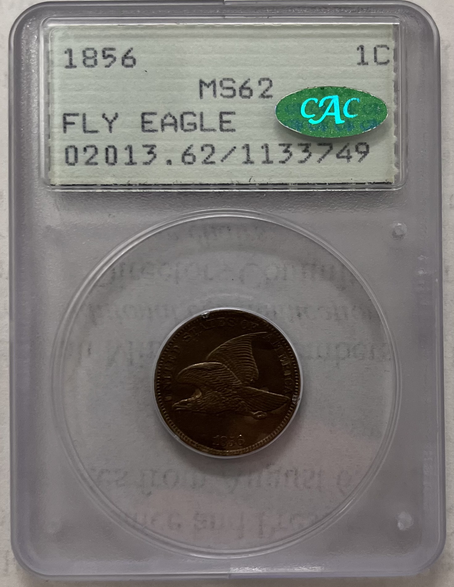 1856 Flying Eagle Cent PCGS MS62 CAC  Old Rattler