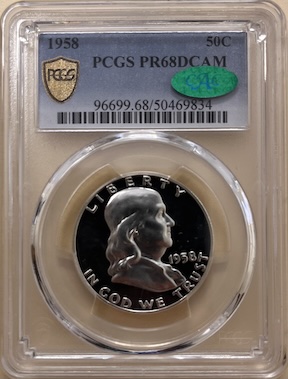 1958 Franklin Half Dollar PCGS PR68DCAM CAC Approved