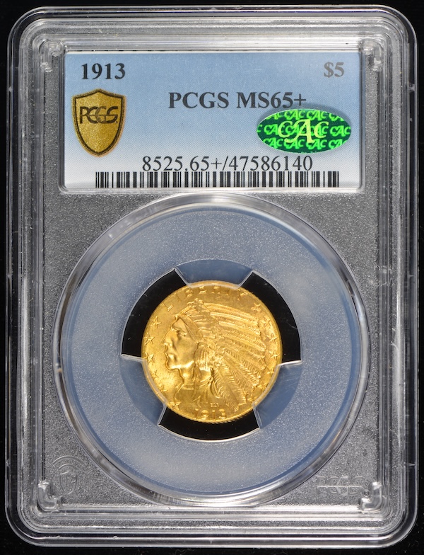 1913-P $5 Indian Half Eagle PCGS MS65+ CAC  Finest Known CAC for the date