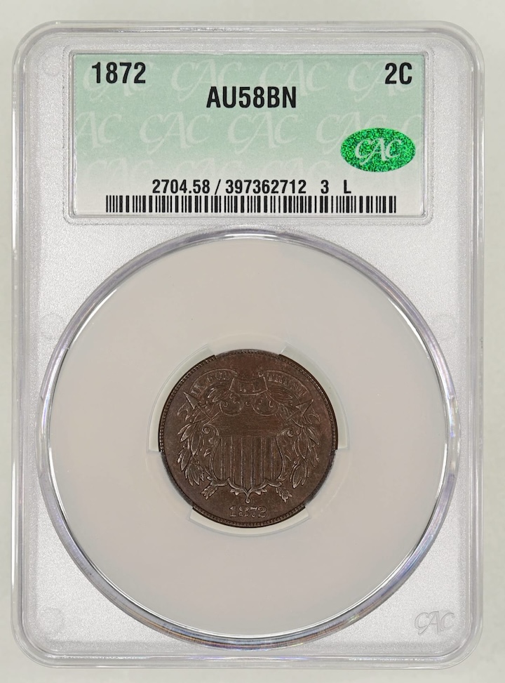 1872 2 Cent CACG AU58BN