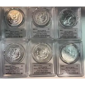 2021  Uncirculated Morgan/Peace  Silver Dollar  6 Pc Set PCGS MS70 First Day of Issue (2)