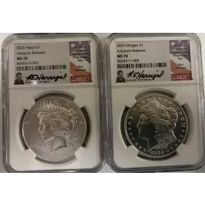2025 Uncirculated Morgan Peace Silver Dollar Set NGC MS70 Advanced Release Harrigal Signed
