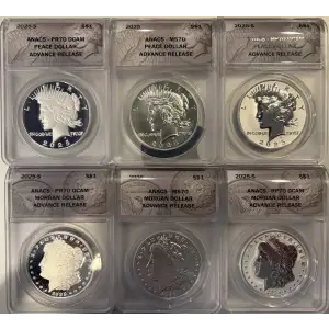 2025 6 pc Set Uncirculated Proof Morgan Peace Silver Dollar ANACS 70 Advanced Release