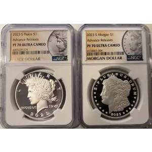 2023  S  Proof Morgan/Peace 2 Coin Set NGC PF70 Ultra Cameo Advanced Release  (2)