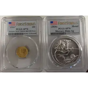 1916 W  (2026) PCGS SP70 First Strike Gold Mercury Dime and 1 Oz Medal 